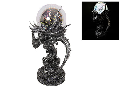 Silver Dragon on Pedestal with Light Up All Seeing Glass Orb - My Wish List Gifts