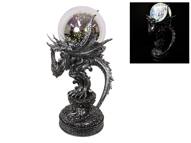 Silver Dragon on Pedestal with Light Up All Seeing Glass Orb - My Wish List Gifts