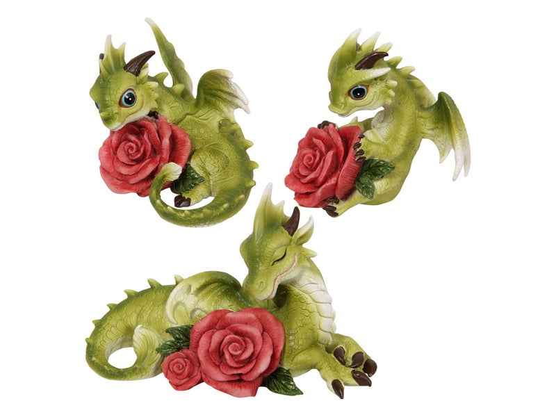 Green Puff Love Dragon with Rose Set of 3