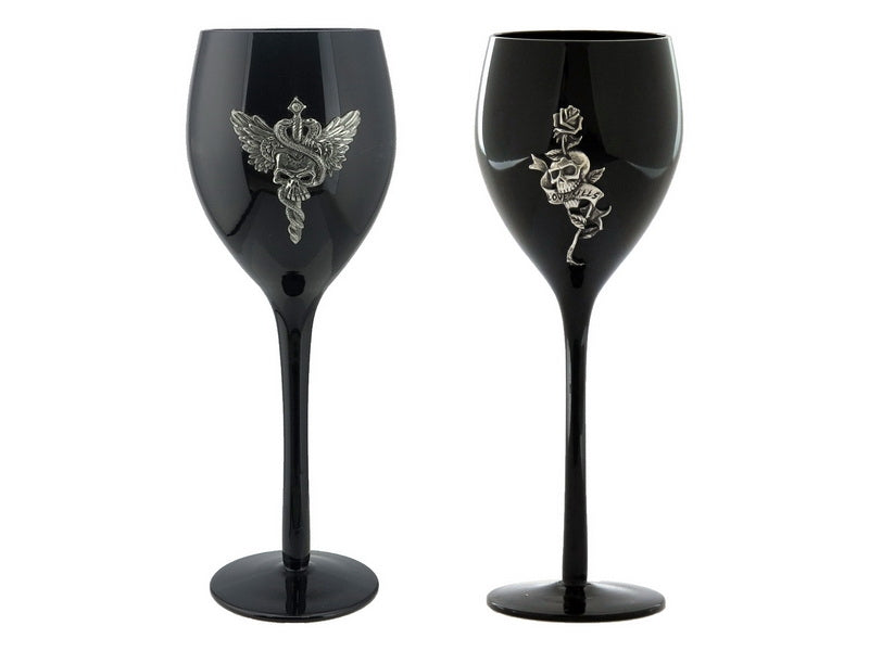 Black Pewter and Glass Skull Wine Glass set - My Wish List Gifts